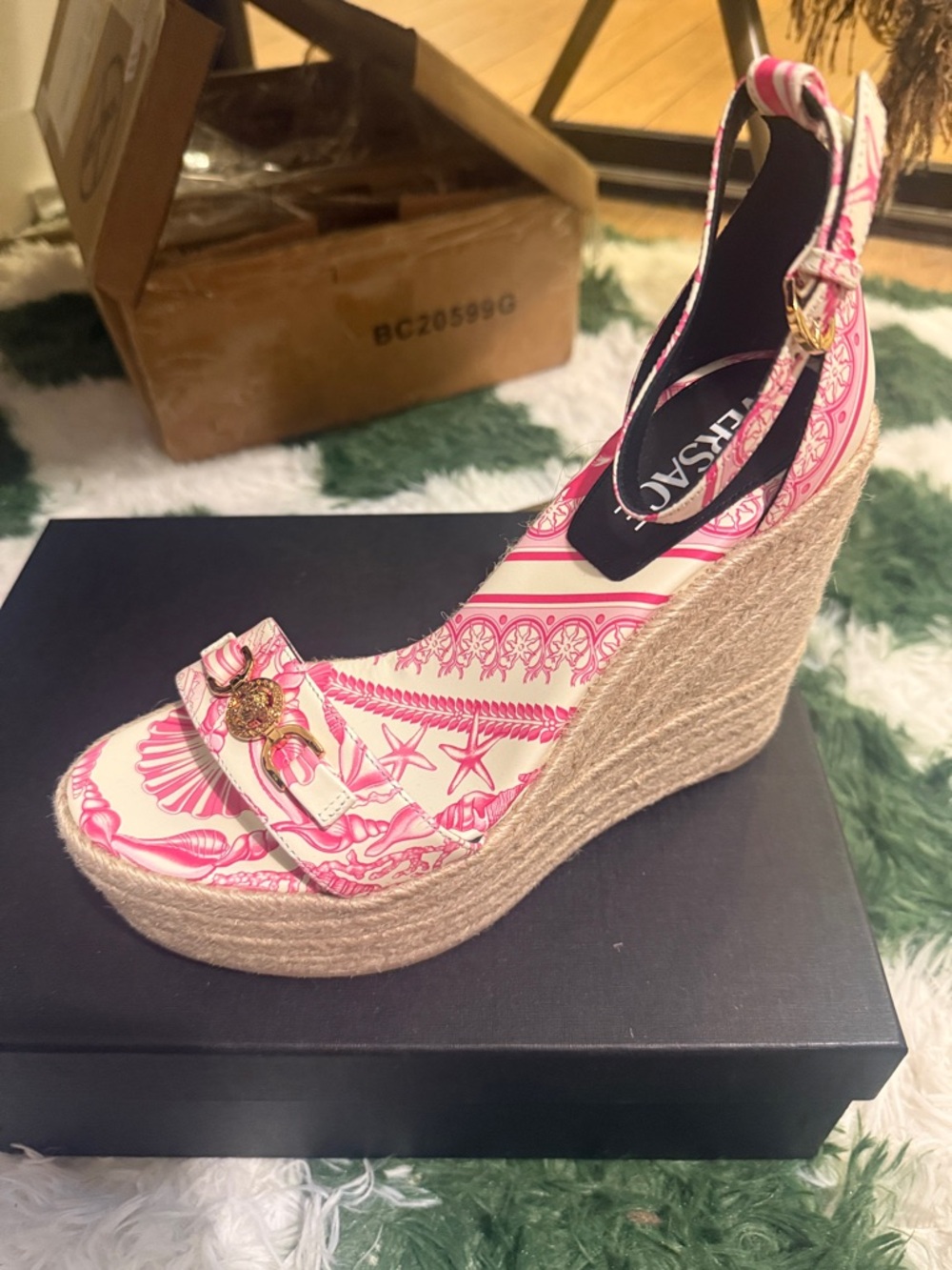 Versace Pink and Cream Espadrille Wedge Sandals
